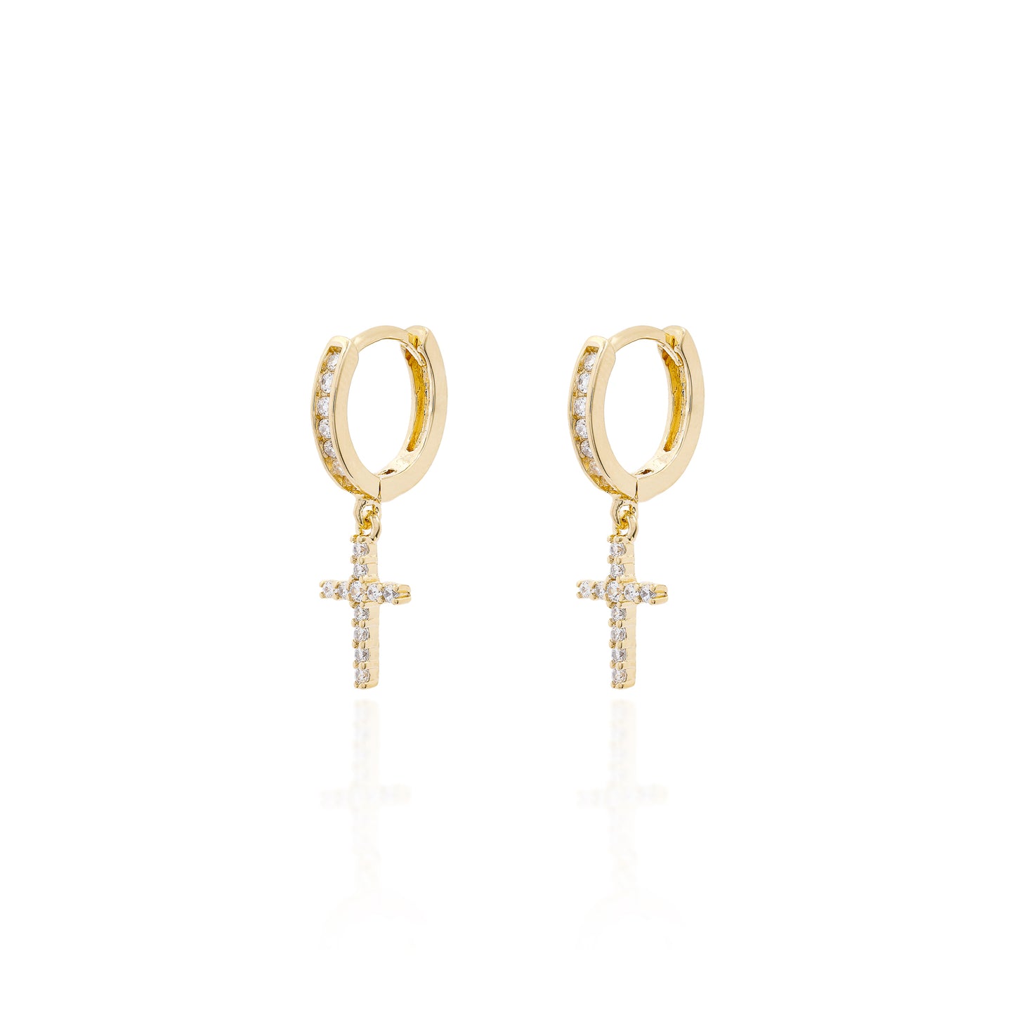 BRINCO ARGOLA CRUCIFIXO CRAVEJADO PRATA 925 BANHO EM OURO 18K