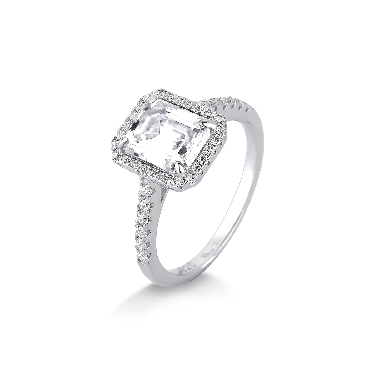 ANEL SOLITÁRIO RETANGULAR CRAVEJADO EM MOISSANITE 3.34CT EM PRATA COM BANHO EM RÓDIO