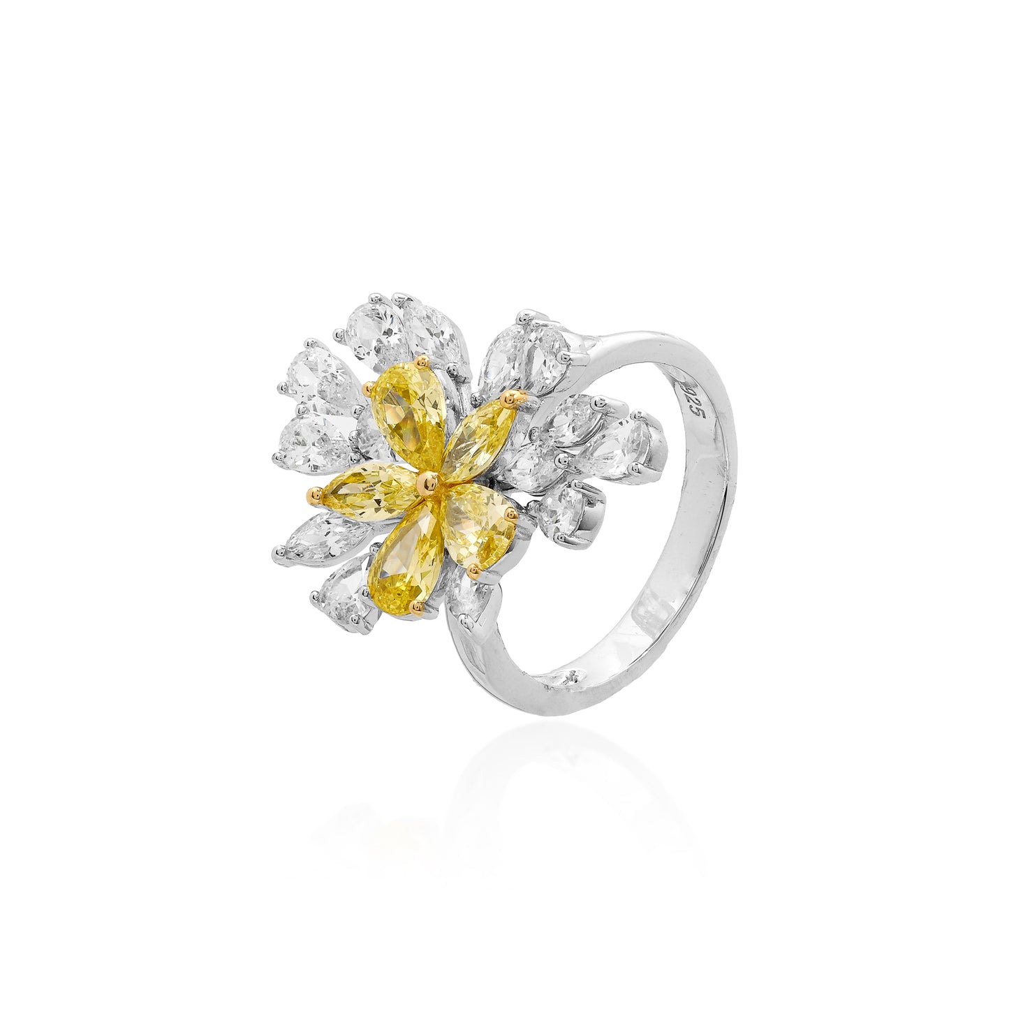 ANEL FLOWER YELLOW FANCY CRAVEJADO 4MM PRATA BANHO EM RÓDIO