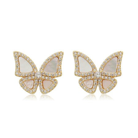BRINCO BUTTERFLY MADRE PÉROLA CRAVEJADO BANHO EM RÓDIO E OURO 18K