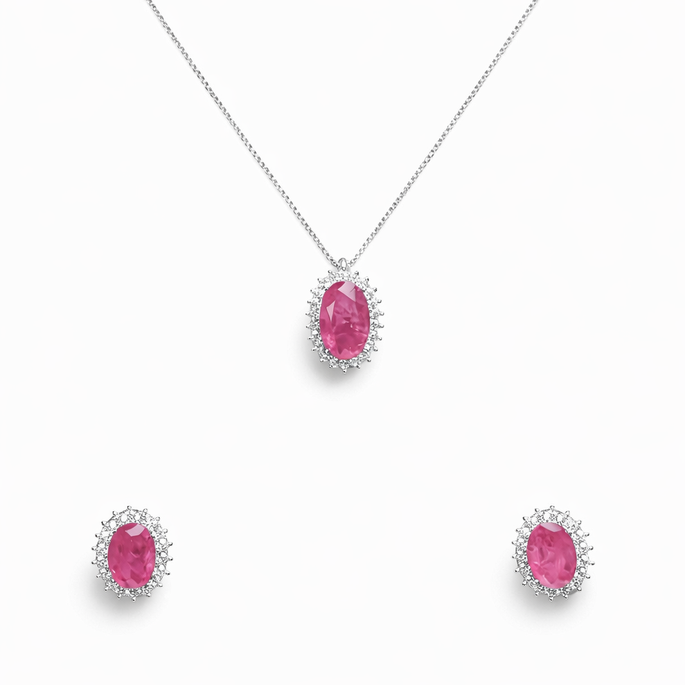 CONJUNTO BRINCO E COLAR OVAL CRAVEJADO PINK BANHO EM RÓDIO