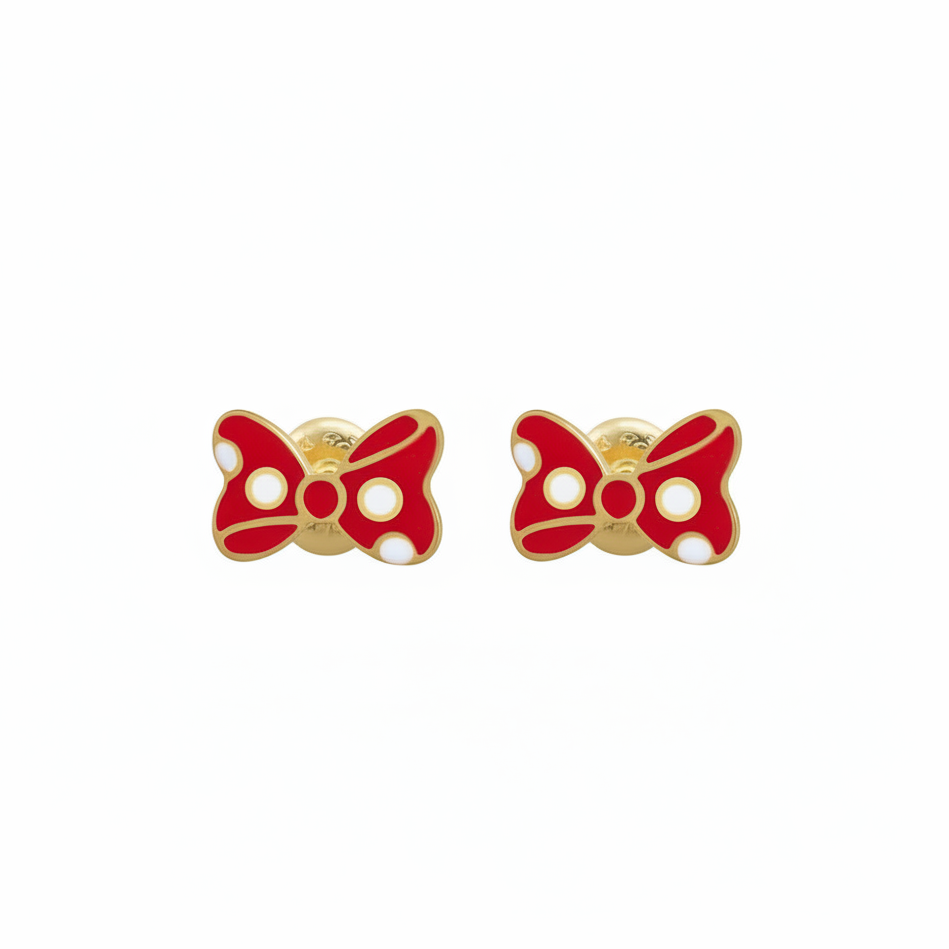 BRINCO INFANTIL LAÇO VERMELHO MINNIE BANHO EM OURO 18K