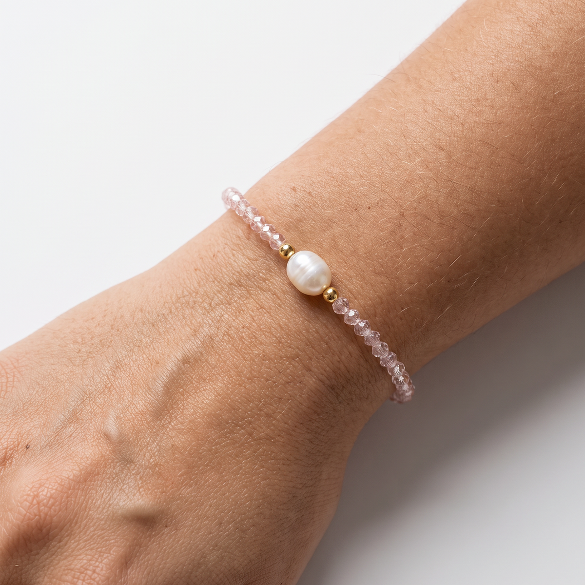 PULSEIRA CRISTAL ROSA TRANSLUCIDO E PÉROLA