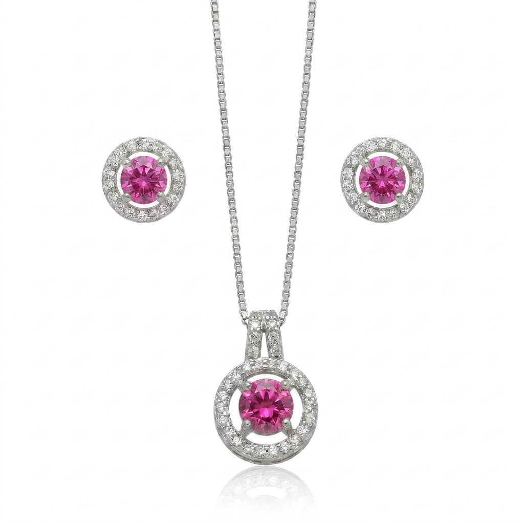 CONJUNTO CIRCULO PINK CRAVEJADO MICRO ZIRCÔNIA EM RÓDIO