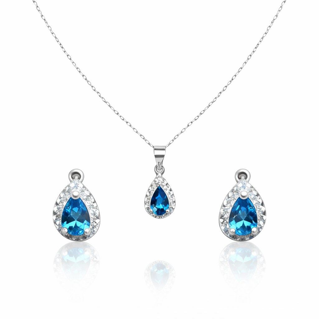 CONJUNTO BRINCO E COLAR GOTA CRAVEJADA AQUA MARINE PRATA 925 BANHO EM RÓDIO