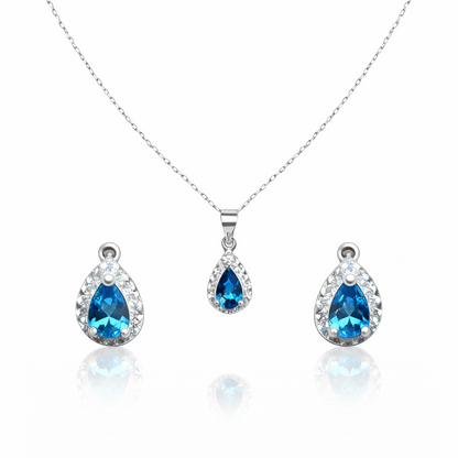 CONJUNTO BRINCO E COLAR GOTA CRAVEJADA AQUA MARINE PRATA 925 BANHO EM RÓDIO