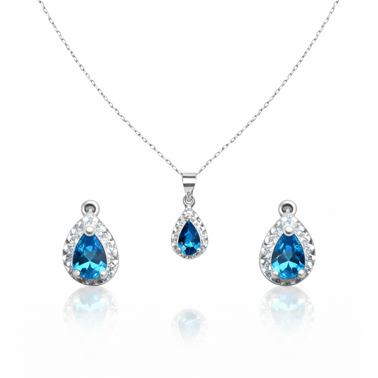 CONJUNTO BRINCO E COLAR GOTA CRAVEJADA AQUA MARINE PRATA 925 BANHO EM RÓDIO