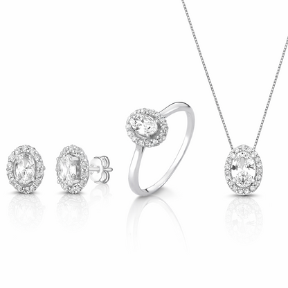CONJUNTO ZIRCÔNIA OVAL CRAVEJADO - COLAR, BRINCO E ANEL (NÚMERO 16) - PRATA 925 BANHO EM RÓDIO