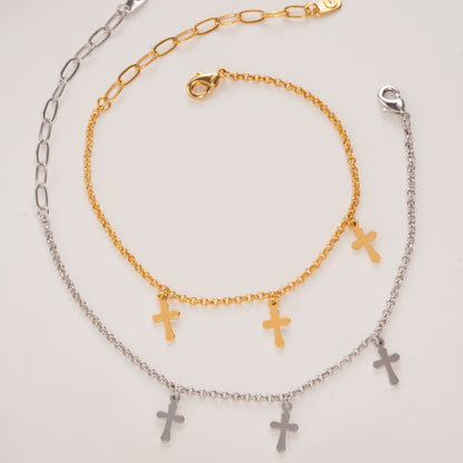 PULSEIRA ELOS PORTUGUESES COM PINGENTES DE CRUZ BANHO EM OURO 18K
