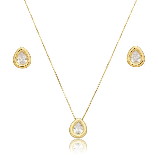 CONJUNTO GOTA LISO BRINCO E COLAR BANHO EM OURO 18K