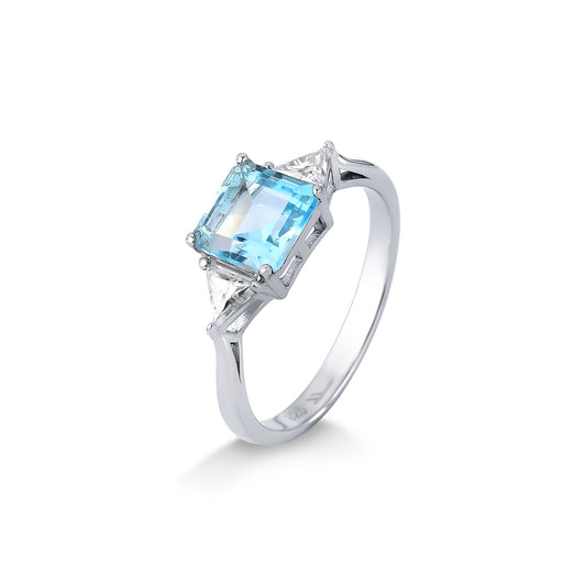 ANEL TOPÁZIO AZUL EM PRATA COM BANHO EM RÓDIO CRAVEJADO COM MOISSANITE 1.0CT