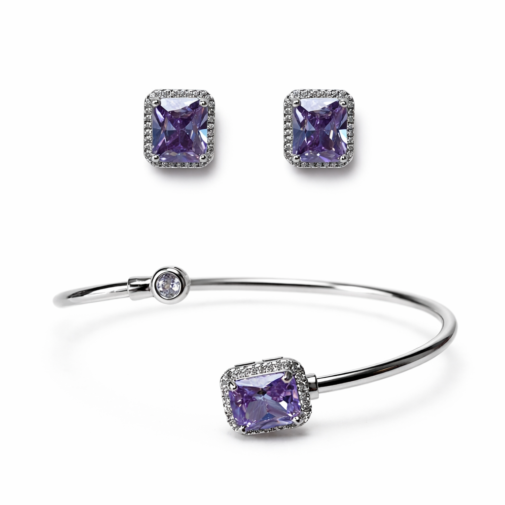 CONJUNTO BRINCO E BRACELETE LAVANDA  MINI CRAVEJADO