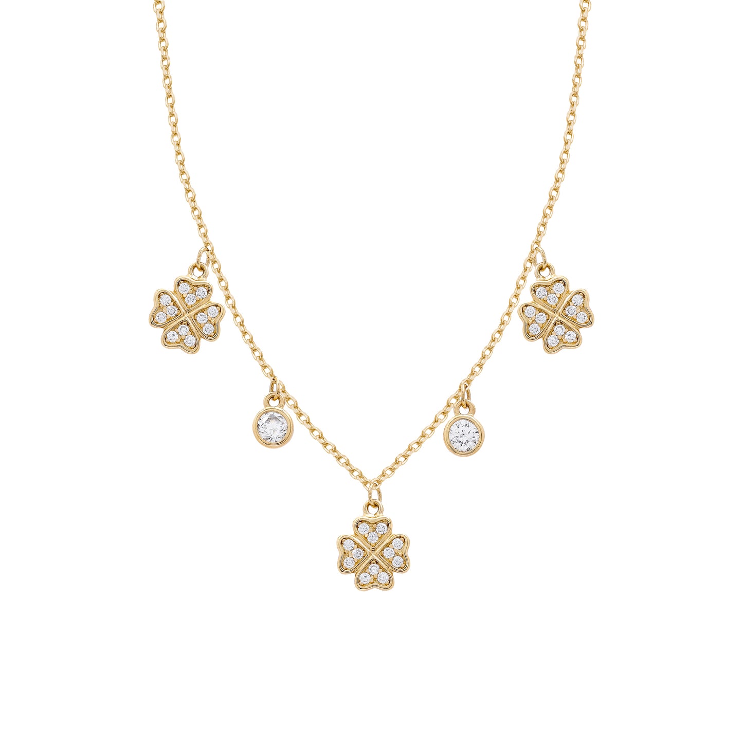 COLAR TREVO QUATRO PÉTALAS CORAÇÃO E PONTO DE LUZ PRATA 925 - 45CM