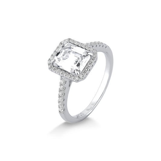ANEL SOLITÁRIO RETANGULAR CRAVEJADO EM MOISSANITE 3.34CT EM PRATA COM BANHO EM RÓDIO