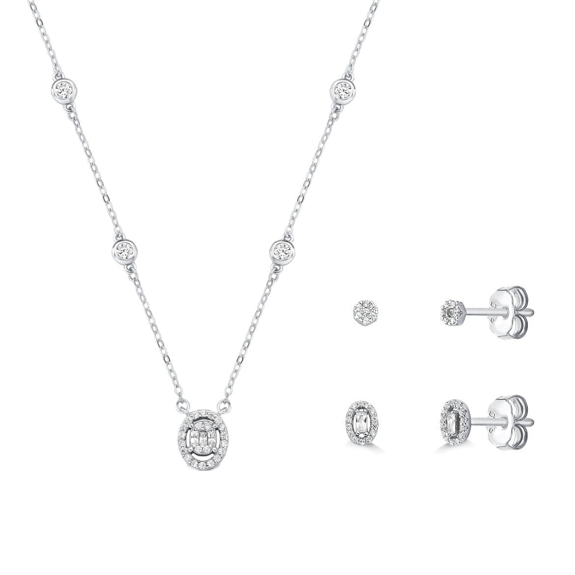 CONJUNTO ZIRCÔNIA OVAL CRAVEJADO - COLAR 45CM E BRINCOS - PRATA 925 BANHO EM RÓDIO