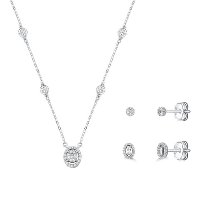 CONJUNTO ZIRCÔNIA OVAL CRAVEJADO - COLAR 45CM E BRINCOS - PRATA 925 BANHO EM RÓDIO