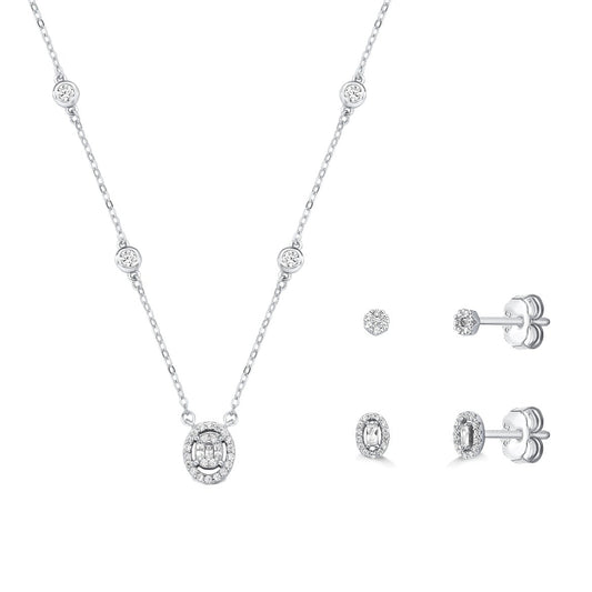CONJUNTO ZIRCÔNIA OVAL CRAVEJADO - COLAR 45CM E BRINCOS - PRATA 925 BANHO EM RÓDIO