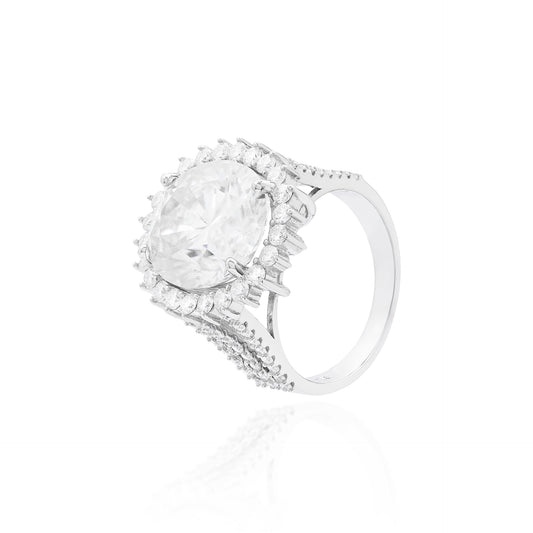 ANEL SOLITÁRIO OVAL EM PRATA COM BANHO DE RÓDIO CRAVEJADO COM MOISSANITE 6,0CT