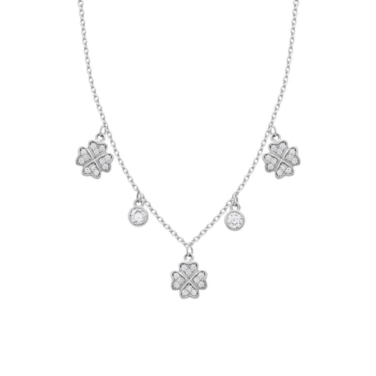 COLAR TREVO QUATRO PÉTALAS CORAÇÃO E PONTO DE LUZ PRATA 925 - 45CM