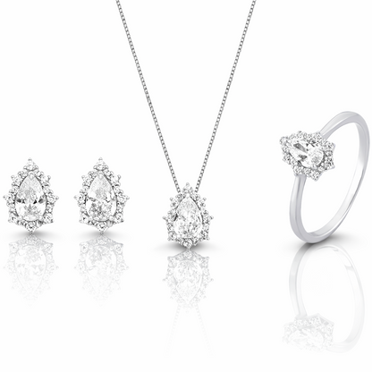 CONJUNTO ZIRCÔNIA EM GOTA CRAVEJADA - COLAR, BRINCO E ANEL (NÚMERO 18) - PRATA 925 BANHO EM RÓDIO