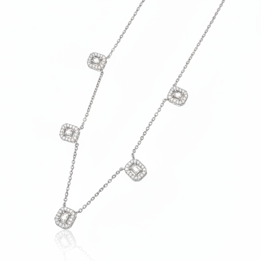COLAR QUADRADO CRISTAL CRAVEJADO ZIRCÔNIA BRANCA BANHO EM RÓDIO