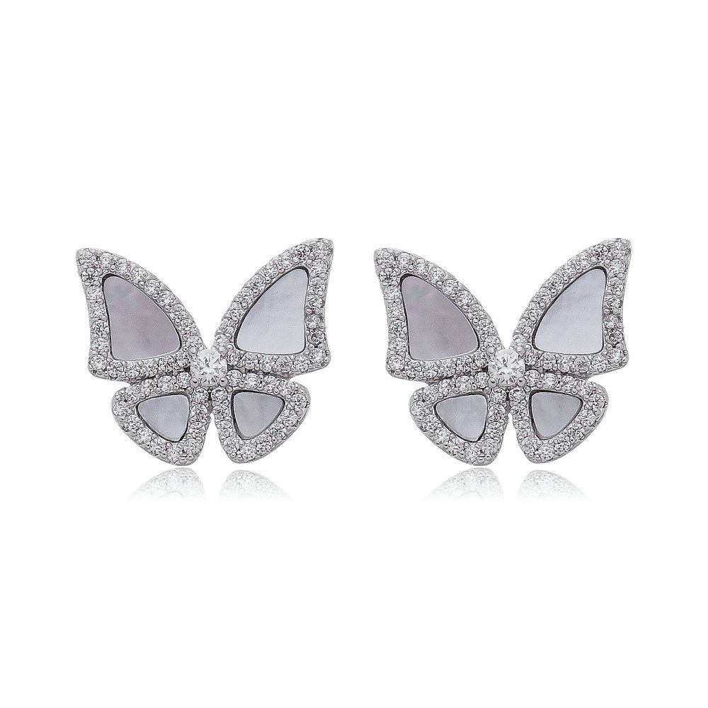 BRINCO BUTtERFLY MADRE PÉROLA CRAVEJADO BANHO EM RÓDIO E OURO 18K
