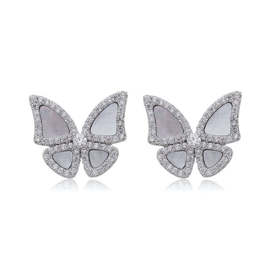 BRINCO BUTtERFLY MADRE PÉROLA CRAVEJADO BANHO EM RÓDIO E OURO 18K