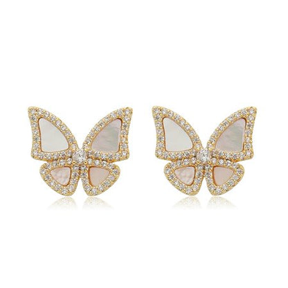 BRINCO BUTtERFLY MADRE PÉROLA CRAVEJADO BANHO EM RÓDIO E OURO 18K