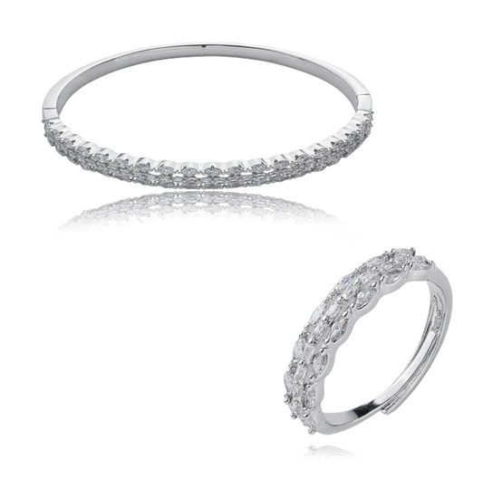CONJUNTO BRACELETE E ANEL AJUSTÁVEL CRAVEJADOS EM ZIRCÔNIA BRANCA BANHO EM RÓDIO