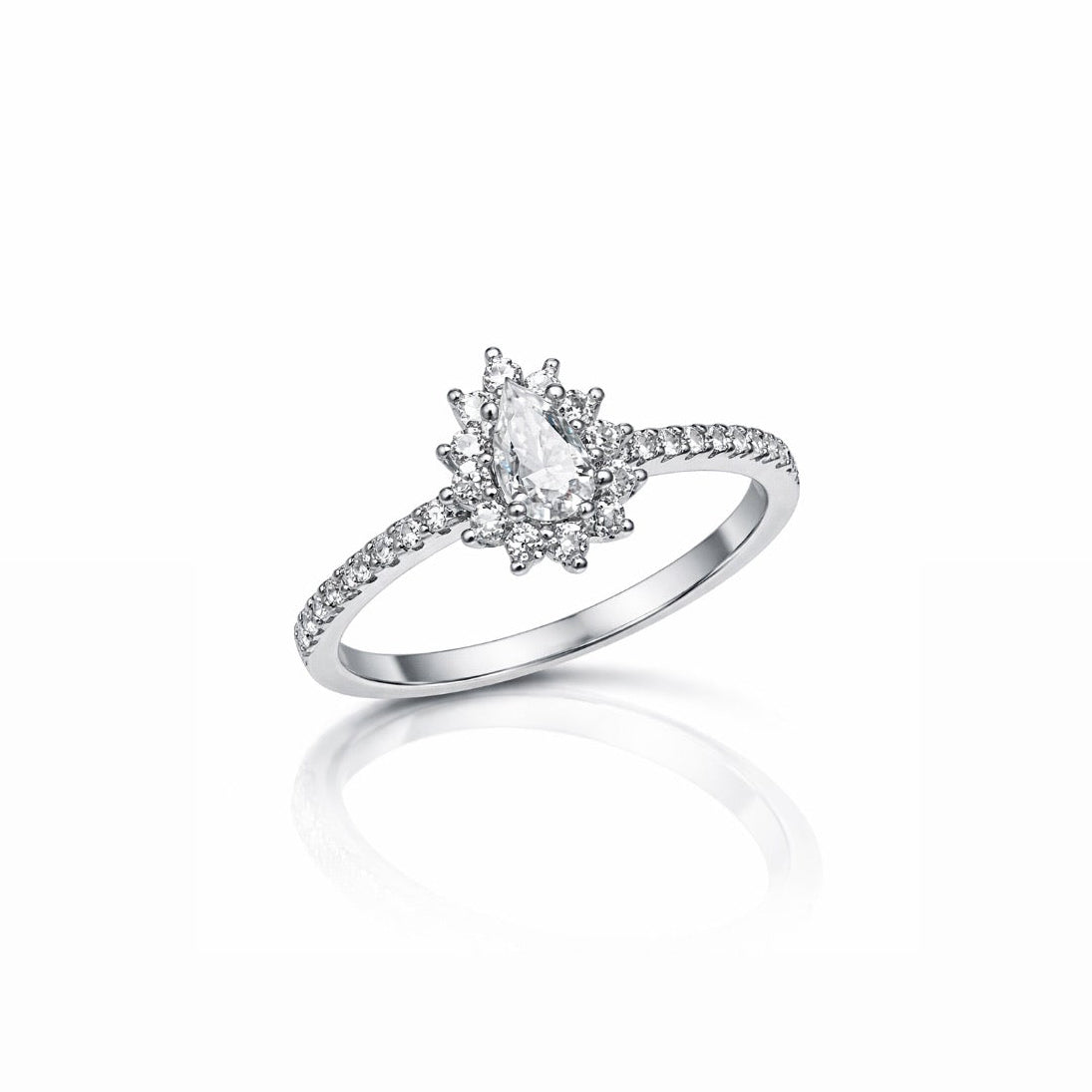 ANEL SOLITÁRIO GOTA CRAVEJADO EM MOISSANITE 0,1CT PRATA COM BANHO DE RÓDIO