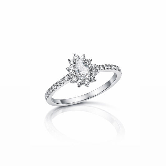 ANEL SOLITÁRIO GOTA CRAVEJADO EM MOISSANITE 0,1CT PRATA COM BANHO DE RÓDIO