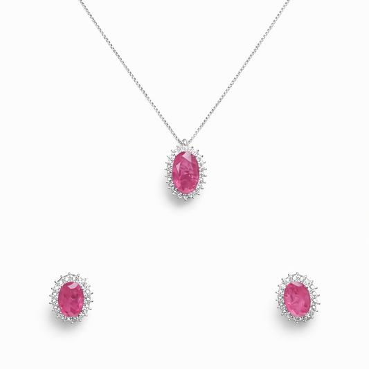 CONJUNTO BRINCO E COLAR OVAL CRAVEJADO PINK BANHO EM RÓDIO