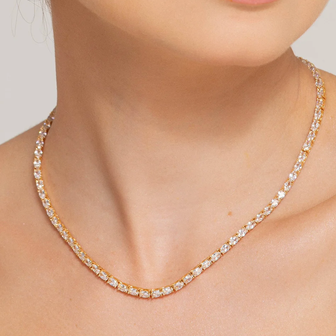 CONJUNTO COLAR RIVIERA E BRINCO CRAVEJADO EM ZIRCÔNIA BRANCA BANHO EM OURO 18K