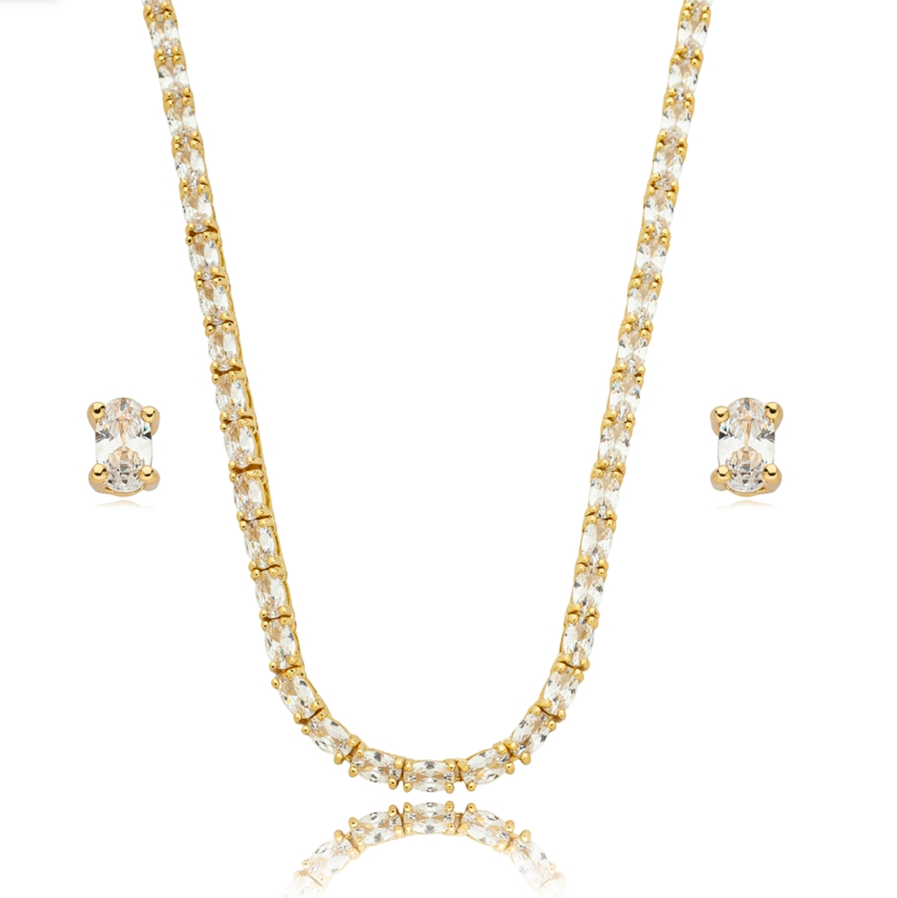CONJUNTO COLAR RIVIERA E BRINCO CRAVEJADO EM ZIRCÔNIA BRANCA BANHO EM OURO 18K