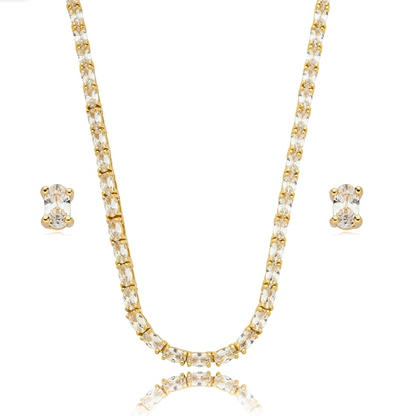CONJUNTO COLAR RIVIERA E BRINCO CRAVEJADO EM ZIRCÔNIA BRANCA BANHO EM OURO 18K