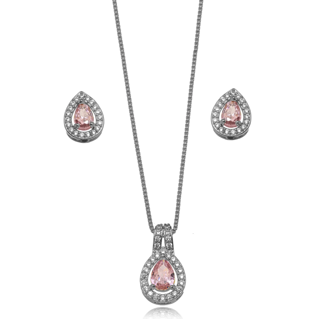 CONJUNTO GOTA CRAVEJADO COM MICRO ZIRCÔNIAS BRINCO E COLAR