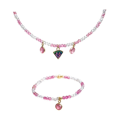 CONJUNTO COLAR E PULSEIRA KIDS ROSA METALIZADO COM PINGENTE DE MELANCIA E PONTOS DE LUZ