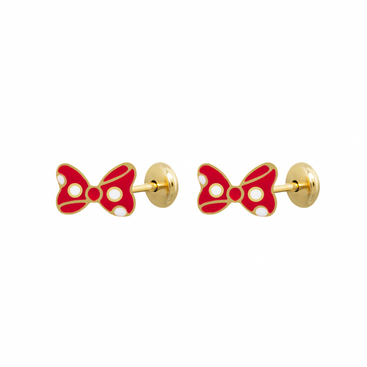 BRINCO INFANTIL LAÇO VERMELHO MINNIE BANHO EM OURO 18K