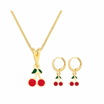 CONJUNTO KIDS BRINCO E COLAR CEREJINHA BANHO EM OURO 18K