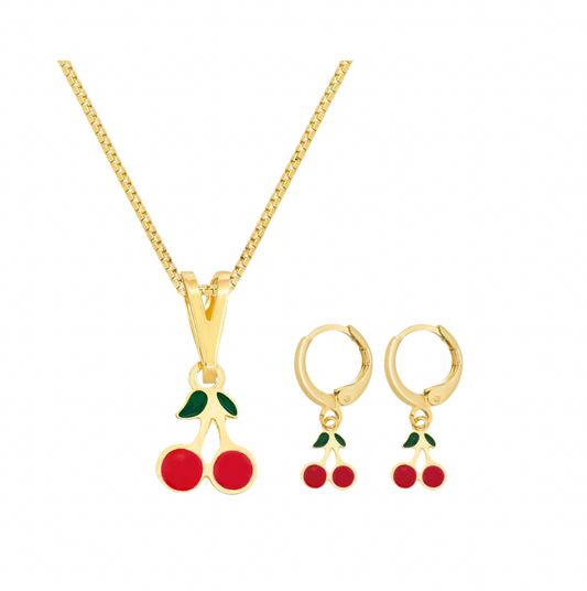 CONJUNTO KIDS BRINCO E COLAR CEREJINHA BANHO EM OURO 18K