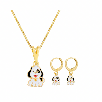 CONJUNTO KIDS BRINCO E COLAR CACHORRINHO BANHO EM OURO 18K