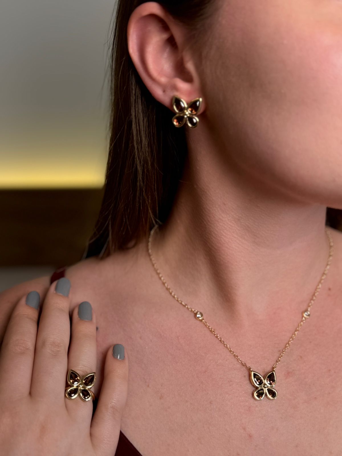 CONJUNTO BUTTERFLY  BRINCO, ANEL E COLAR