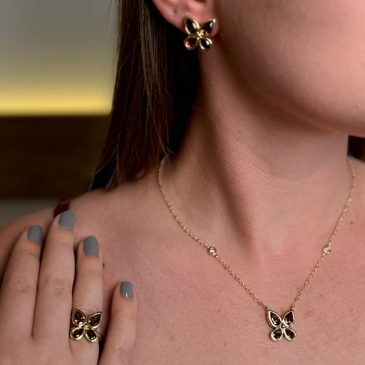CONJUNTO BUTTERFLY  BRINCO, ANEL E COLAR