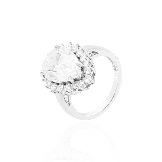 ANEL SOLITÁRIO QUATRO GARRAS EM GOTA PRATA COM BANHO EM RÓDIO CRAVEJADO DE MOISSANITE 3,50CT