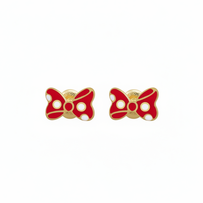 BRINCO INFANTIL LAÇO VERMELHO MINNIE BANHO EM OURO 18K