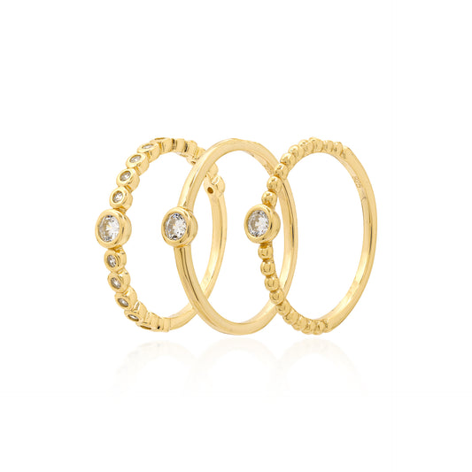 TRIO DE ANÉIS PRATA 925 BANHO OURO 18K