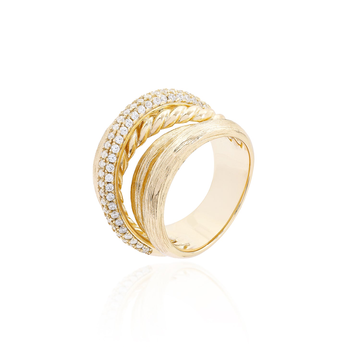 ANEL ENTRELAÇADOS CRAVEJADO PRATA EM BANHO OURO 18K