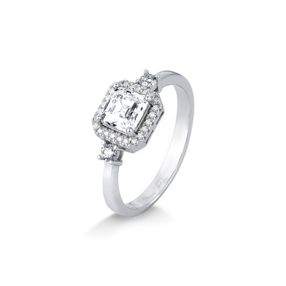 ANEL MOISSANITE DOIS PONTOS COM CRAVEJADO CENTRAL QUADRADO 1.24CT EM PRATA COM BANHO EM RÓDIO