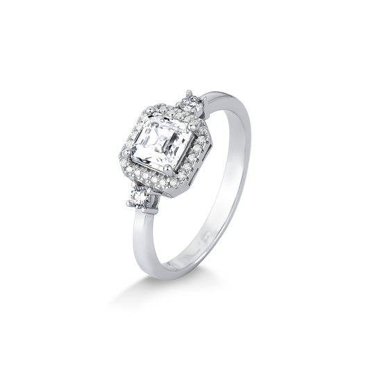 ANEL MOISSANITE DOIS PONTOS COM CRAVEJADO CENTRAL QUADRADO 1.24CT EM PRATA COM BANHO EM RÓDIO