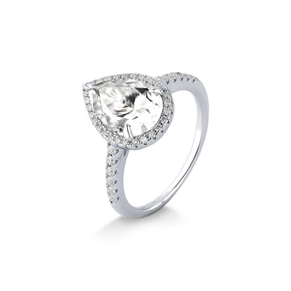ANEL SOLITÁRIO GOTA CRAVEJADO EM MOISSANITE 4.34CT PRATA COM BANHO EM RÓDIO